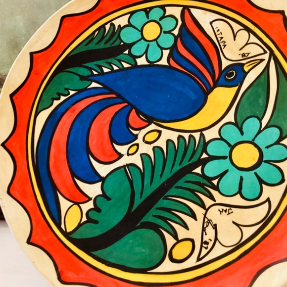 Mestizo Folk Art Tonala Mexican Hand painted Platter Florals Bird Ixtapa 1987 - Picture 5 of 14